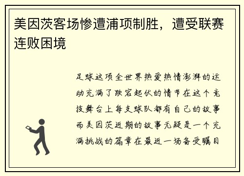 美因茨客场惨遭浦项制胜，遭受联赛连败困境