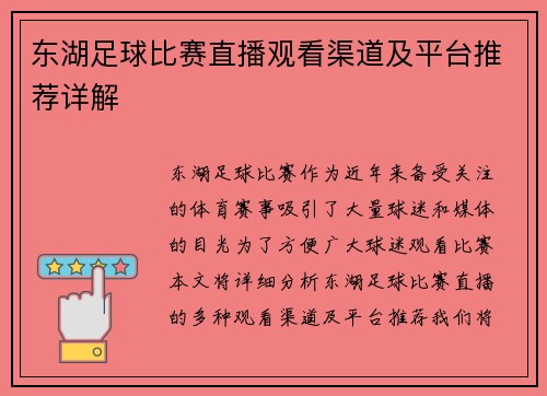 东湖足球比赛直播观看渠道及平台推荐详解